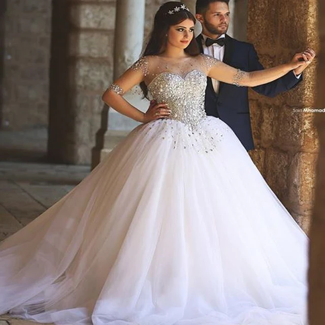 Luxury Wedding Dresses Stones And Crystals Sheer For Bride 2016 Luxury Wedding Dresses Stones And Crystals Sheer For Bride 2016 Tulle Ball Gown Long Sleevs Muslim