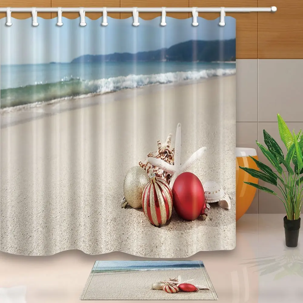 Oceanic Shower Curtains Christmas Ball Starfish At Beach Waterproof
