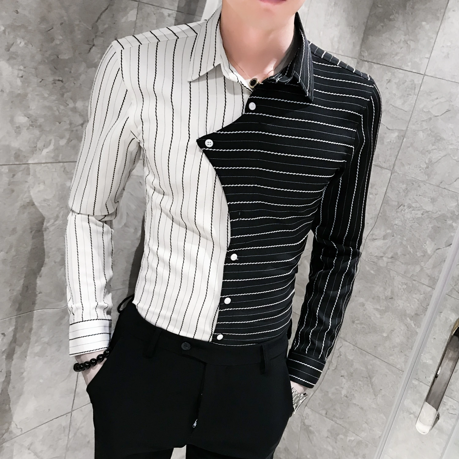 

Striped Men Shirt Long Sleeve Mens Camisa Social Masculina Camisas Hombre New Arrival Casual Shirts Patchwork Color Men Clothes