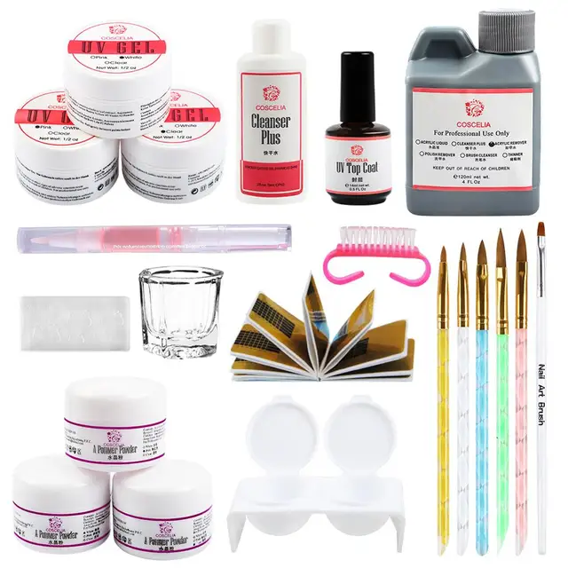 Coscelia UV Gel Acrylic Powder Sets 120ml Brushes Nail Art Tips Base ...