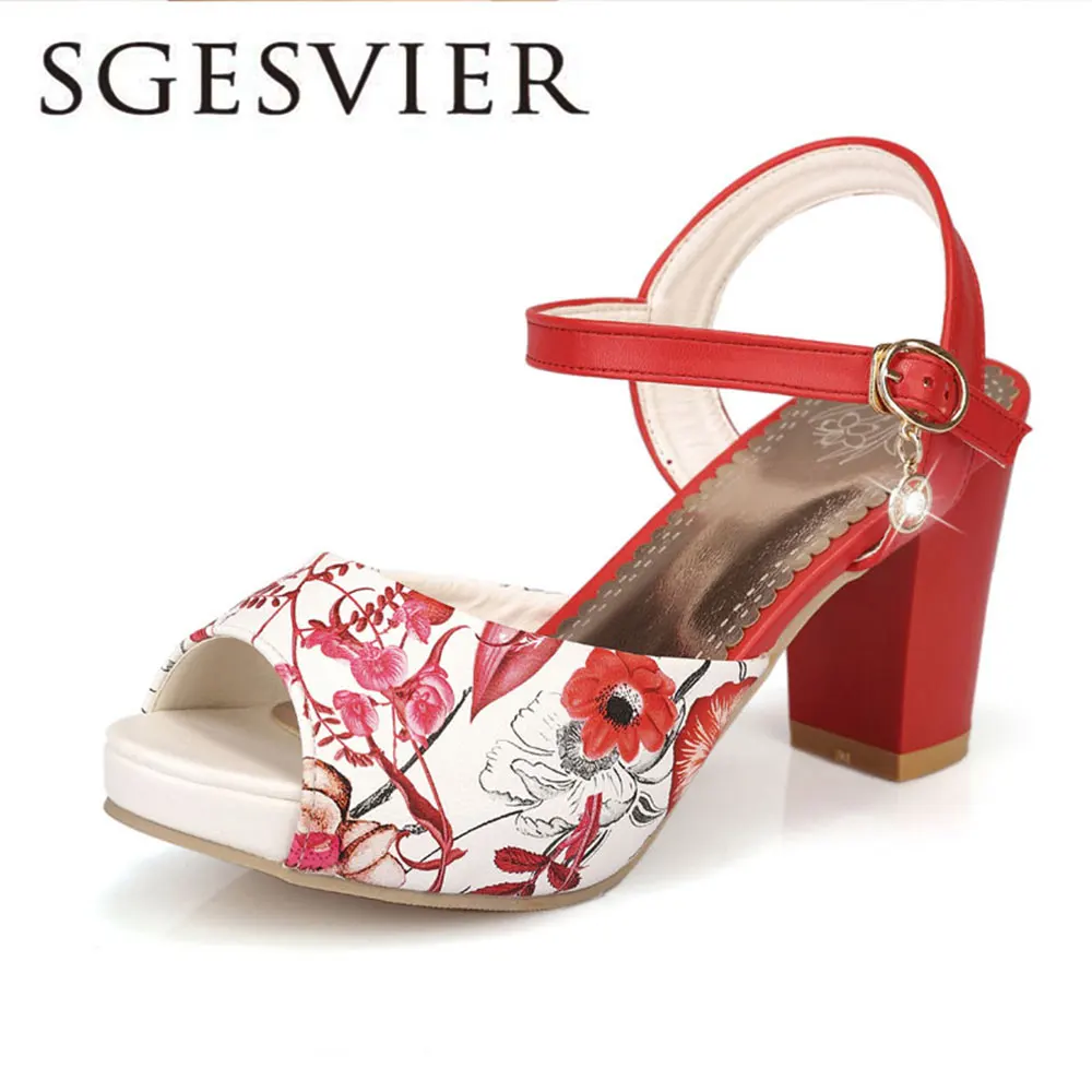 

SGESVIER Women Sandals 2017 Summer New Sweet Party Elegant Peep Toe Buckle Platform Square Heel Lady Shoes OX088