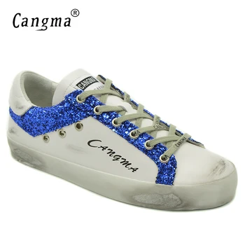 

CANGMA Designer Brand Sneakers Autumn Flat Shoes Female White Genuine Leather Girls Blue Sequined Shoes Women Handmade Footwear