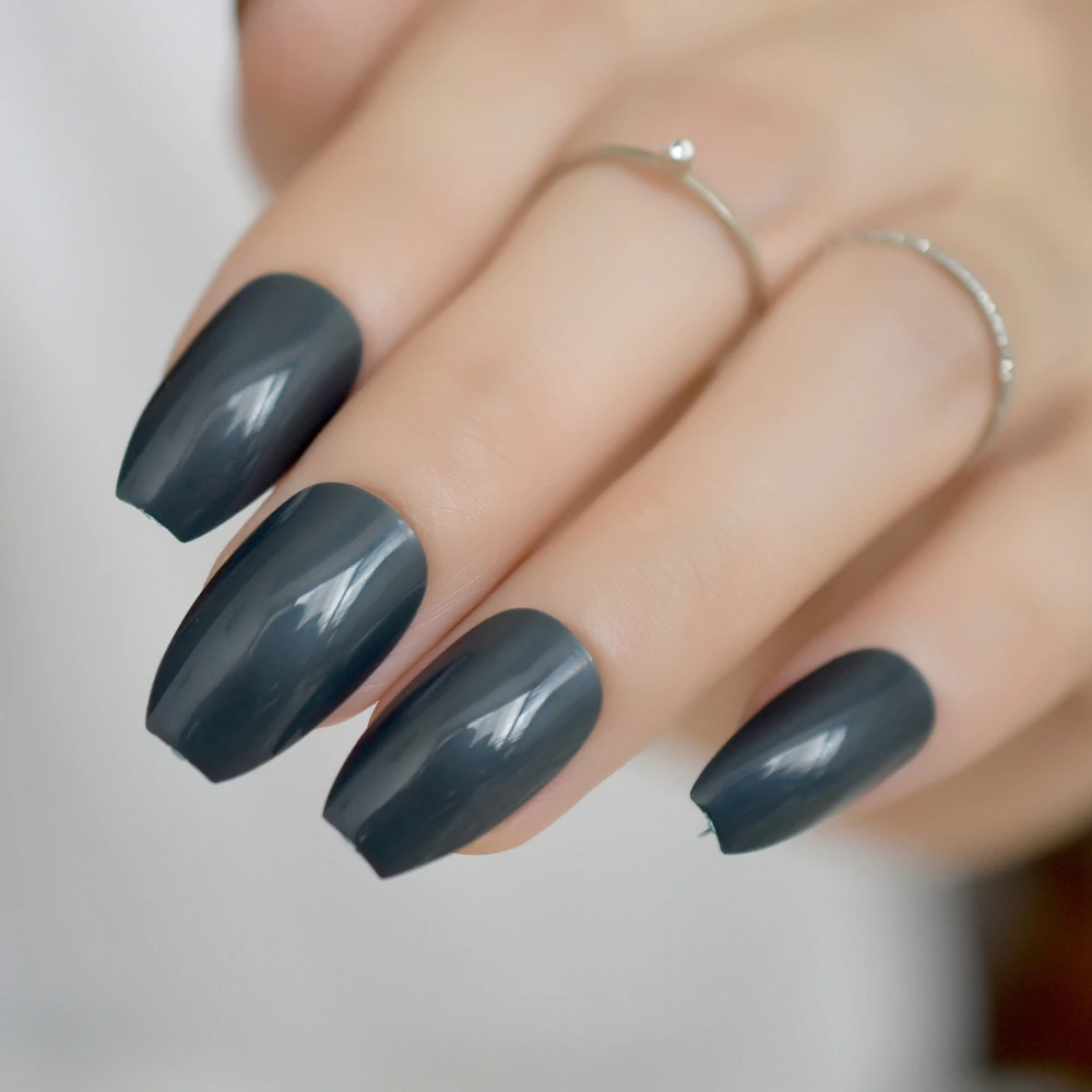 

24pcs Pure Dark Slate Gray Candy COFFIN Nail Tips Easy DIY Medium Full Cover Fake False Press On Nail Kit for Women Wear 723B