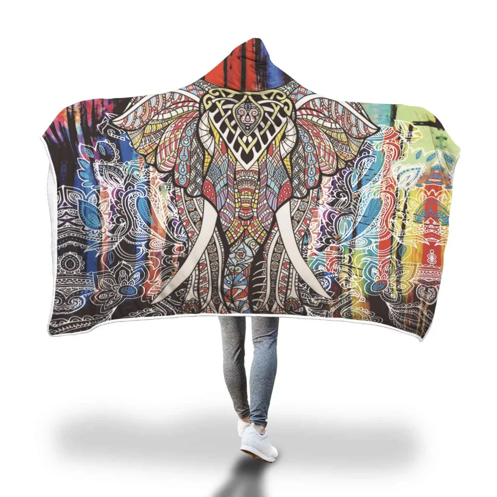 

Velvet Plush Warm Hooded Blanket for Adults Bohemia Elephant Printed Floral Sherpa Throw Blanket Gothic Microfiber 150cmx200cm