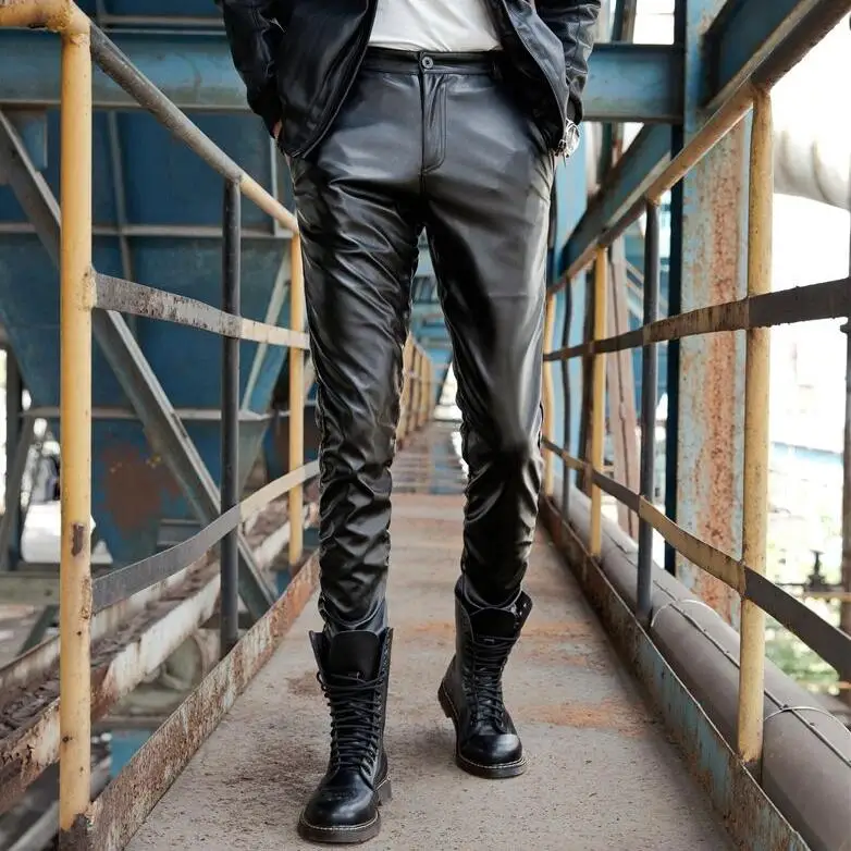 Плюс бархат утолщение эластичность модные мотоциклетные брюки из искусственной кожи мужские Облегающие штаны pu брюки для мужчин мужские