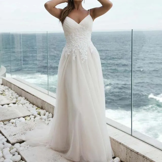 

2019 Beach Wedding Dress Spaghetti Straps Lace Bodice Tulle A Line Cheap Sexy Dresses Simple Elegant Open Back Bridal Gowns