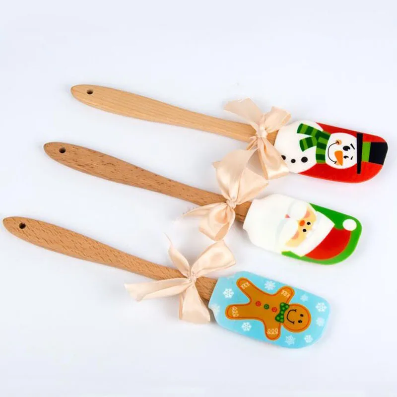 50pcs Creative Food Grade Silicone Christmas Cream Spatulas Wood Handle