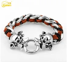 Kalen Gothic 316L Stainless Steel Skull Heads Charm Bracelets Leather Rope Pirate Skeleton Charm Bracelets For Men Punk Jewelry