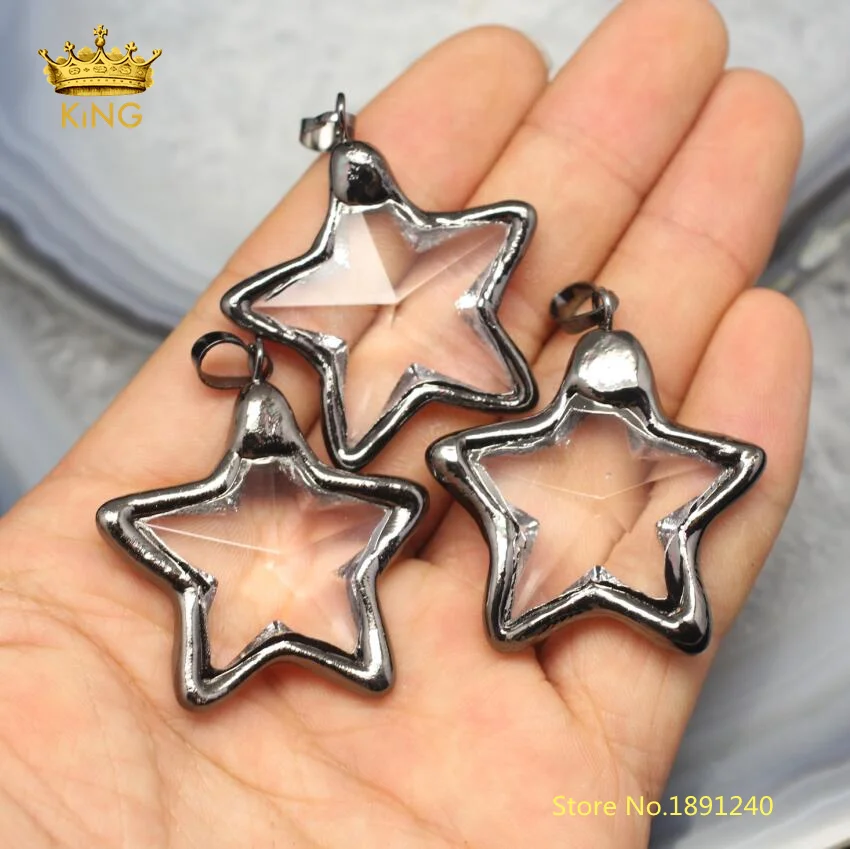 10 x Crystal Glass Faceted Black Star Pendant Charms Electroplated