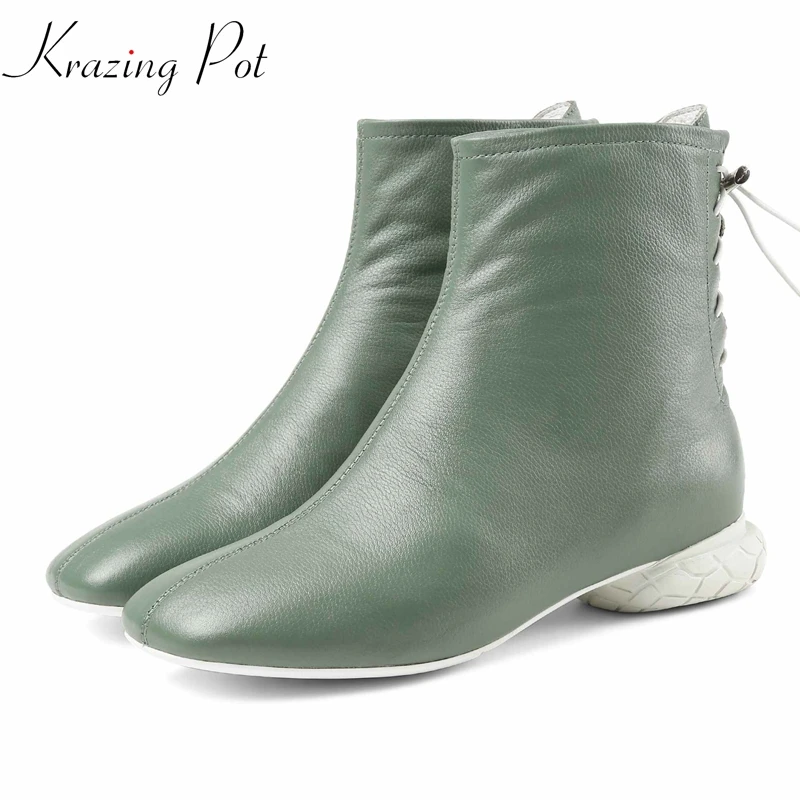 

Krazing pot genuine leather square toe brand shoes strange low heels superstar gladiator beauty Korean version ankle boots L10