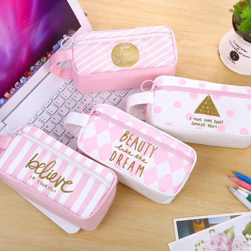New Arrival Fresh Style Cute Pink Canvas Pencil Case Large Capacity