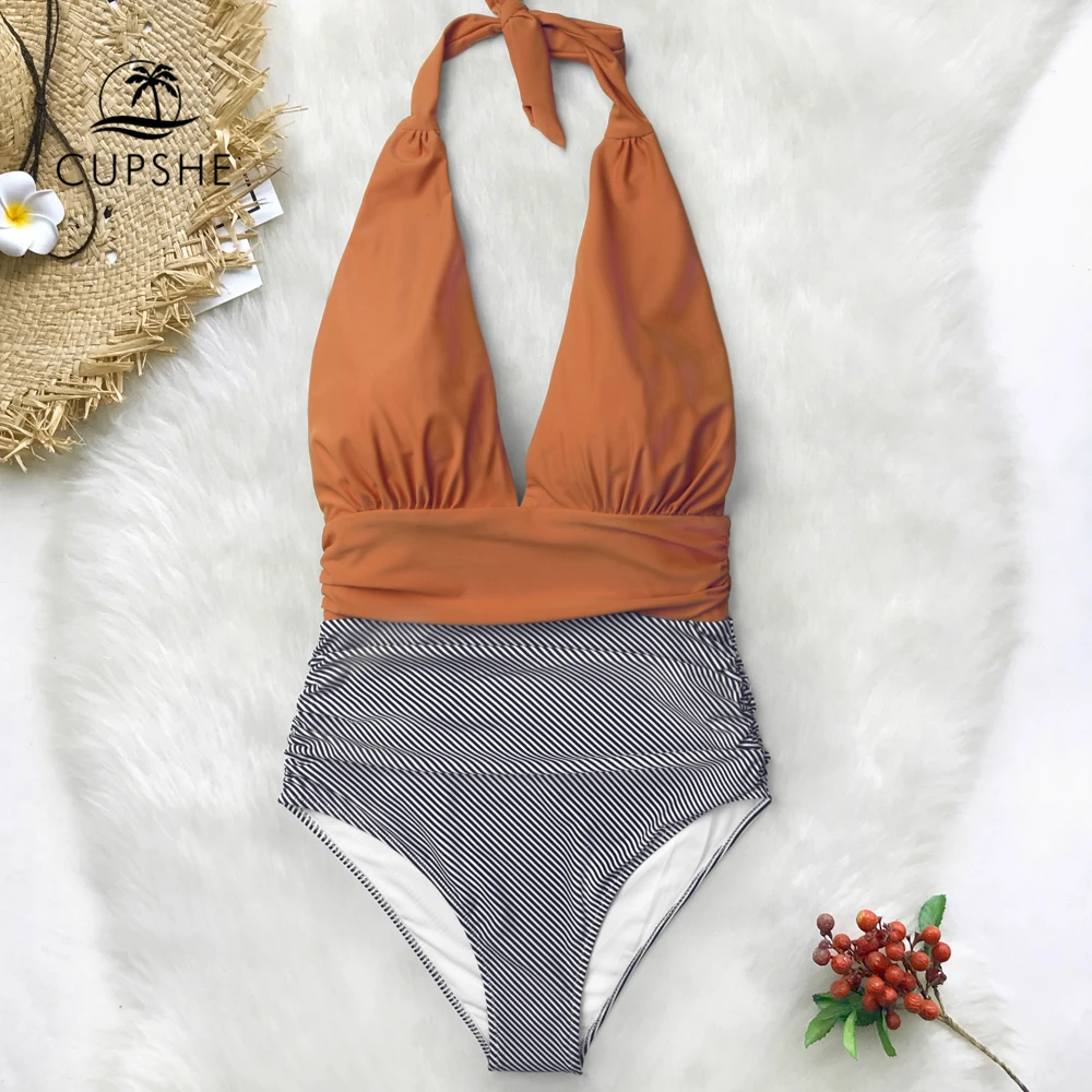 Billig CUPSHE Halten Sie Accompained Streifen einteiliges Badeanzug V neck Backless Halter Sexy Bikini 2020 Damen Strand Bade Bademode
