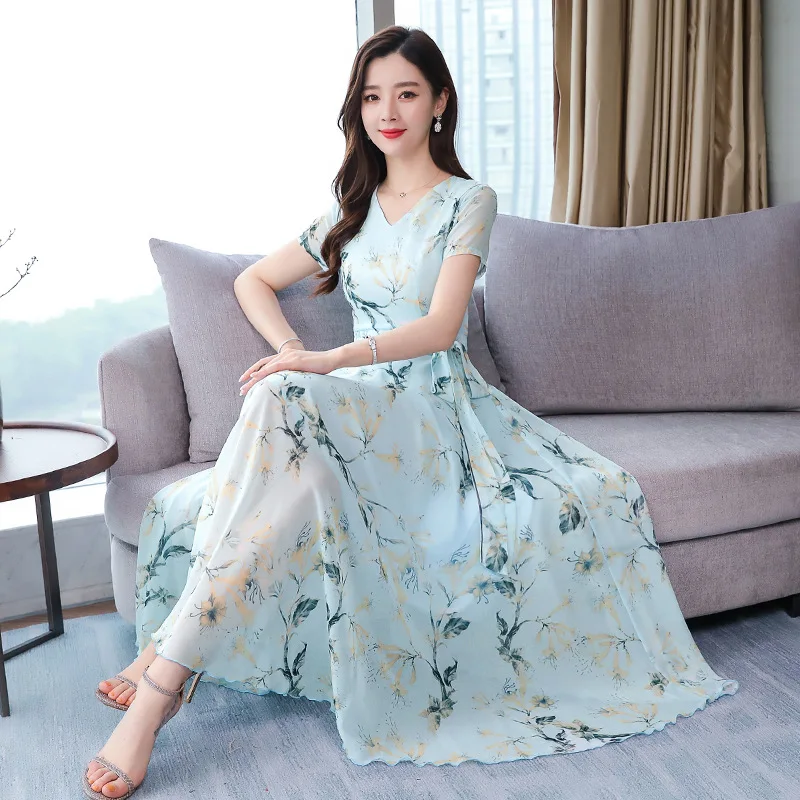 

Korean Type Fashion Women Slim Short Sleeve Beach Style Casual Print V Neck Chiffon Dress