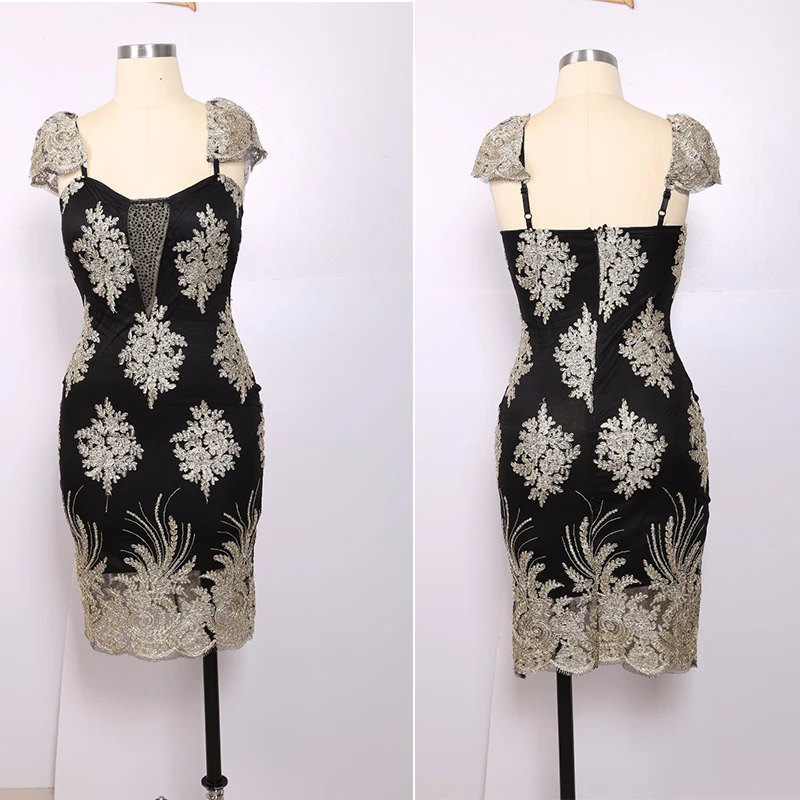 Elegant Lace Black Gold Embroidered Bodycon Dress - Dresses - Uniqistic.com