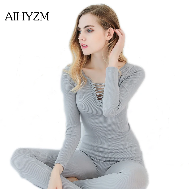 Winter New Sexy Tie Rope V Collar Women Thermal Underwear Set Women
