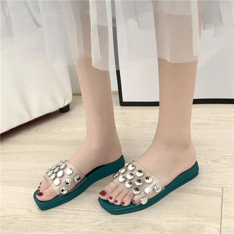 

Low Slippers Platform Rivet Slides Socofy Shoes Women Transparent Heel Sliders Soft Luxury 2019 Flat Fashion PU Rubber Socofy