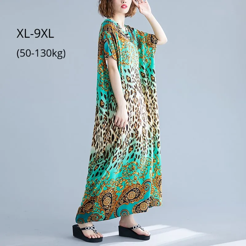 

Plus Size 9XL 8XL 7XL Summer Women Long Dress Femme Robe Leopard Print Cotton Blend Loose Clothing Ladies Beach Style Dresses