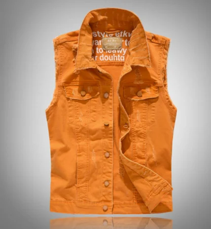 Оранжевый джинсовый жилет пальто мужчины Distressed сплошной цвет Повседневная винтажная без рукавов с отложным воротником карманы куртки Мужская мода