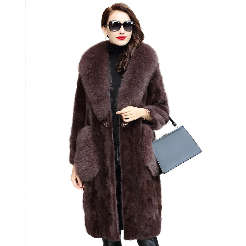 

Luxury Genuine Sliced Mink Fur Coat Jacket Fox Fur Collar Winter Genuine Women Fur X-Long Outerwear Plus Size 3XL LF5170