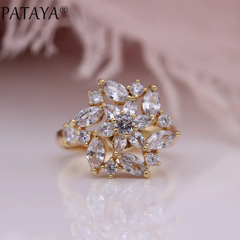 

PATAYA New Petal Rotating Rings Natural Zircon Up Opening Decompressed Rings 585 Rose Gold Women Wedding Luxury Fashion Jewelry
