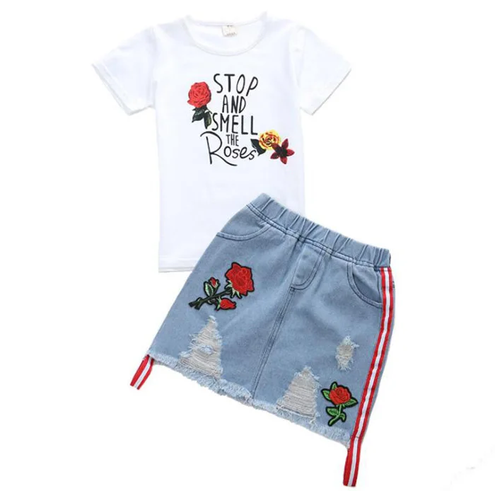 Летние хлопковые топы для маленьких девочек, футболка, Джинсовая юбка с вышивкой розы, комплект одежды для девочек 6, 8, 10, 12, 14 лет