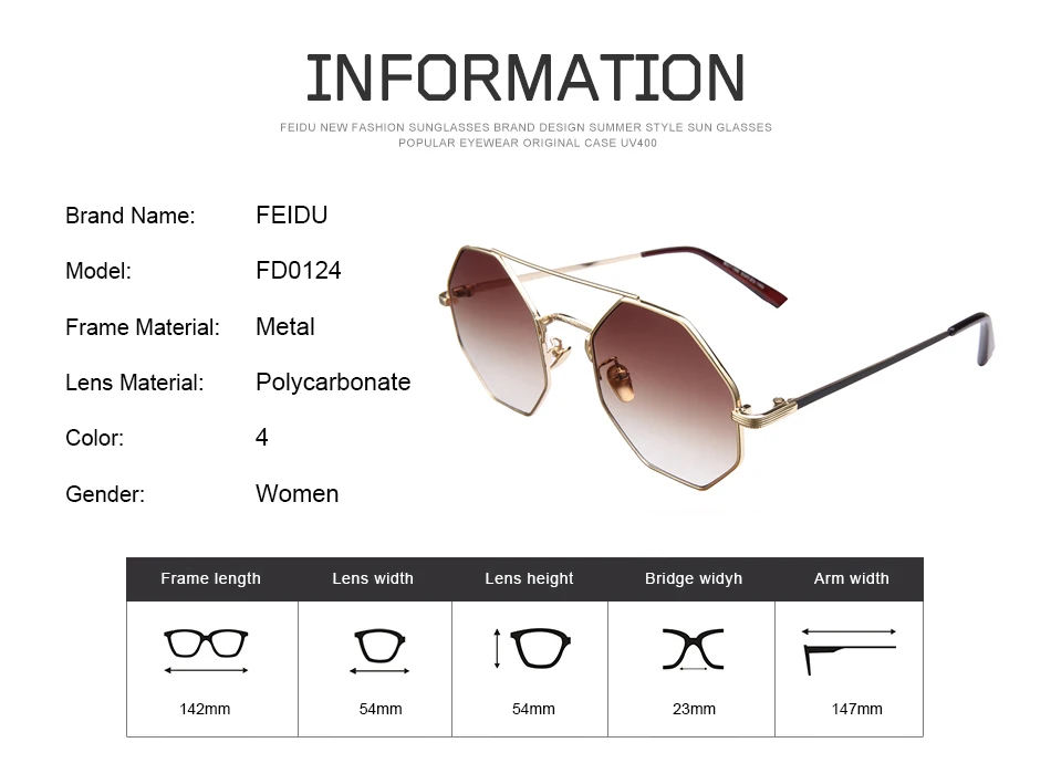 FEIDU Мода 2017 г. металлический полигон Солнцезащитные очки для женщин Для женщин бренд Дизайн Ретро сплава Octagon Рамки Защита от солнца Очки