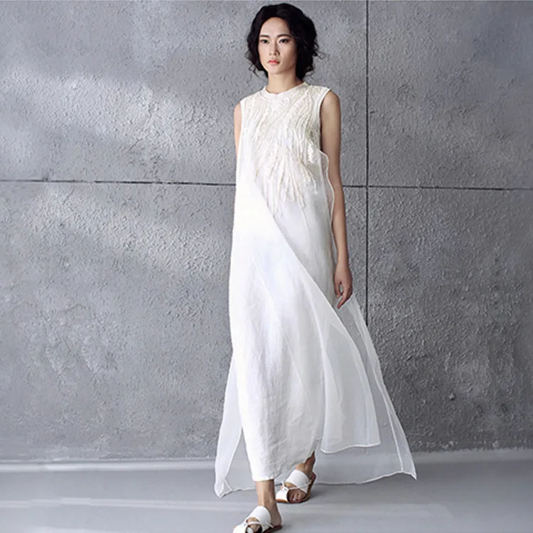 Summer Style Solid White Silk Embroidery Chiffon Sleeveless Women Dress ...