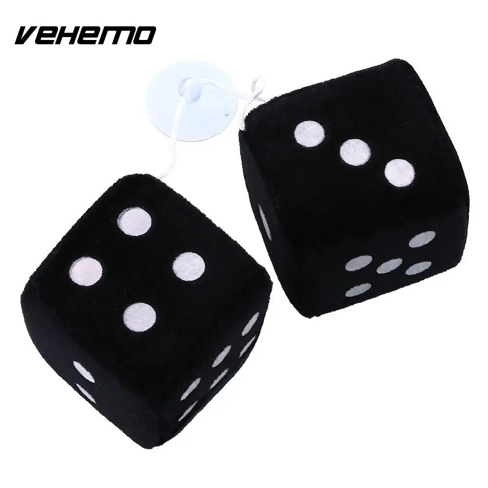 Pair Black Fuzzy Dice Dots Rear Rearview Mirror Hangers Vintage Car