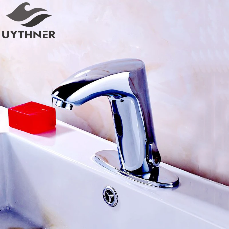 

Uythner Chrome Bathroom Sensor Faucet Deck Mounted Mixer Tap w/ Round Plate