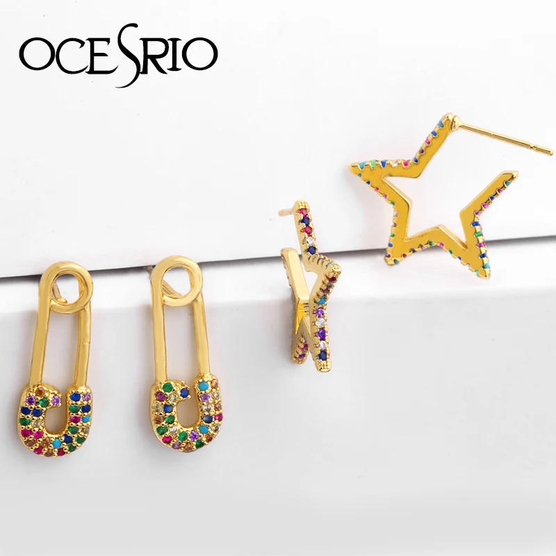 

OCESRIO rainbow cz safety pin Pentagram earring 2019 new Dangle earrings for women gift Gold filled colorful jewelry ers-q31