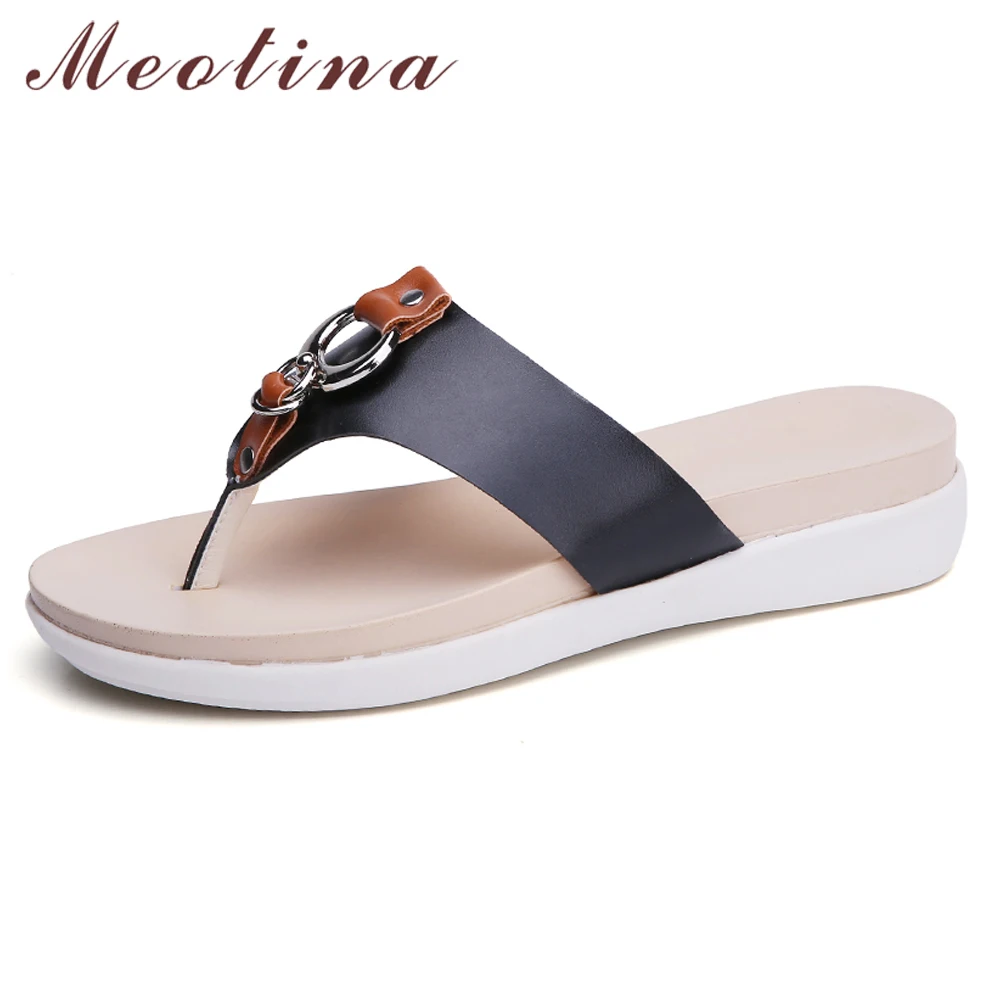 

Meotina Women Slippers Summer Shoes Cow Leather Buckle Flat Flip Flops Shoes Open Toe Ladies Slides New Sandals Beige Size 35-40