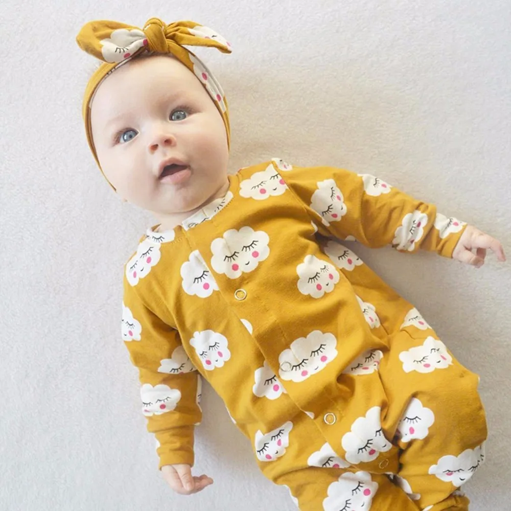 

Newborn Toddler Baby Boys Girls Long Sleeve Clothes Romper Playsuit &Headband Outfits Set 0-18M