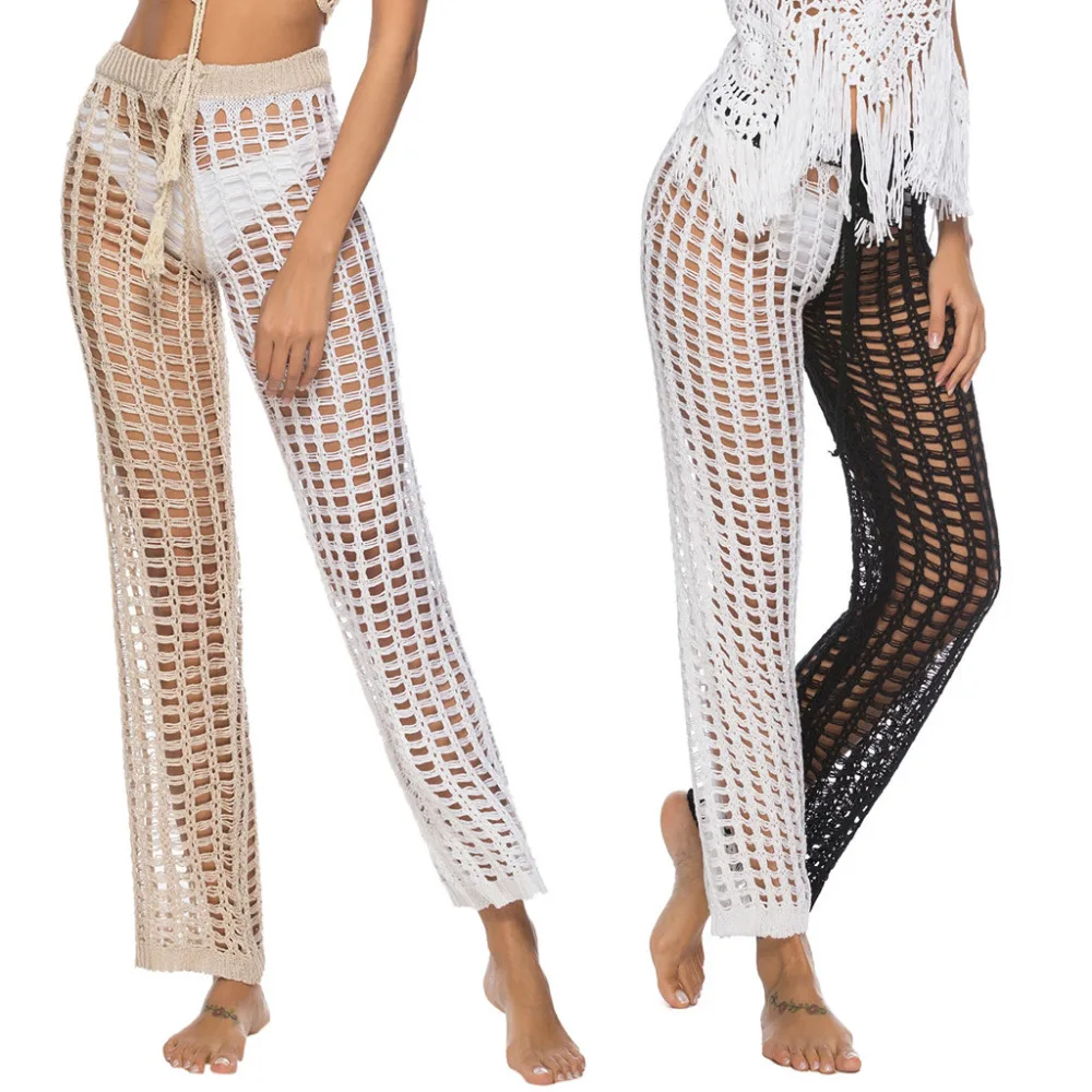 

Sexy Womens Summer Long Pants Beach Cover Up Pants Sexy Hollow Out Crochet Mesh Patchwork Pants X1