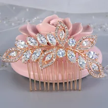 BELLA Moda Light Rose Dorado Hoja Tear Drop Cubic Zirconia de Boda Nupcial Peine Del Pelo Accesorios Para el Cabello Para la Joyería Del Partido