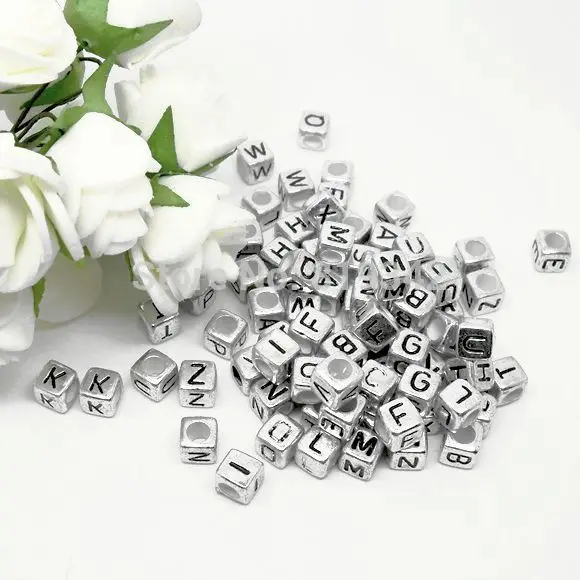 

free shipping 500pcs/lot 6x6mm cube random Mixed Silver-grey Alphabet /Letter "A-Z" Acrylic Beads findings wholesale