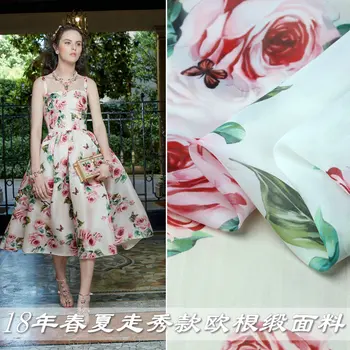 

Spring and summer new pink rose organza satin printed clothing fabric crisp through holiday pompom dress fabric