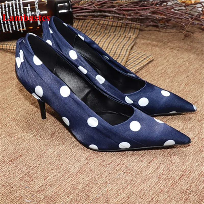 

Hot Spring Pointed Toe Women Pumps Blue Polka Dot Designer Pleated Shallow Slip On Women Pumps Sexy Walkway Casual Shoes Women
