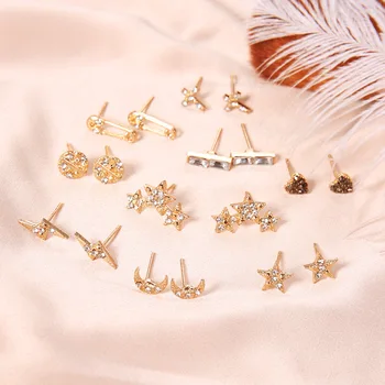

108 Pairs/lot Gold Color Earrings Sets Moon Star Crystal Lightning Crescent Cross Pin Stud Earring Women Crystal Heart Jewelry