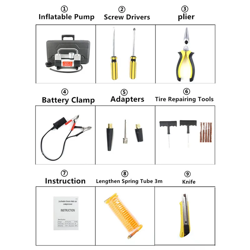 GSPSCN Double Cylinder Inflatable Pump with Suitcase Car Air Compressor 12V with Toolbox Twin Cylinder Portable Inflatable Pump