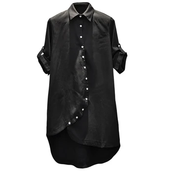 

Long Irregular Shirt Men Hip Hop Punk Rave Clothing Loose Gothic Male Shirt Long Sleeve Stage Printed Shirts Men Streetwear T6V1