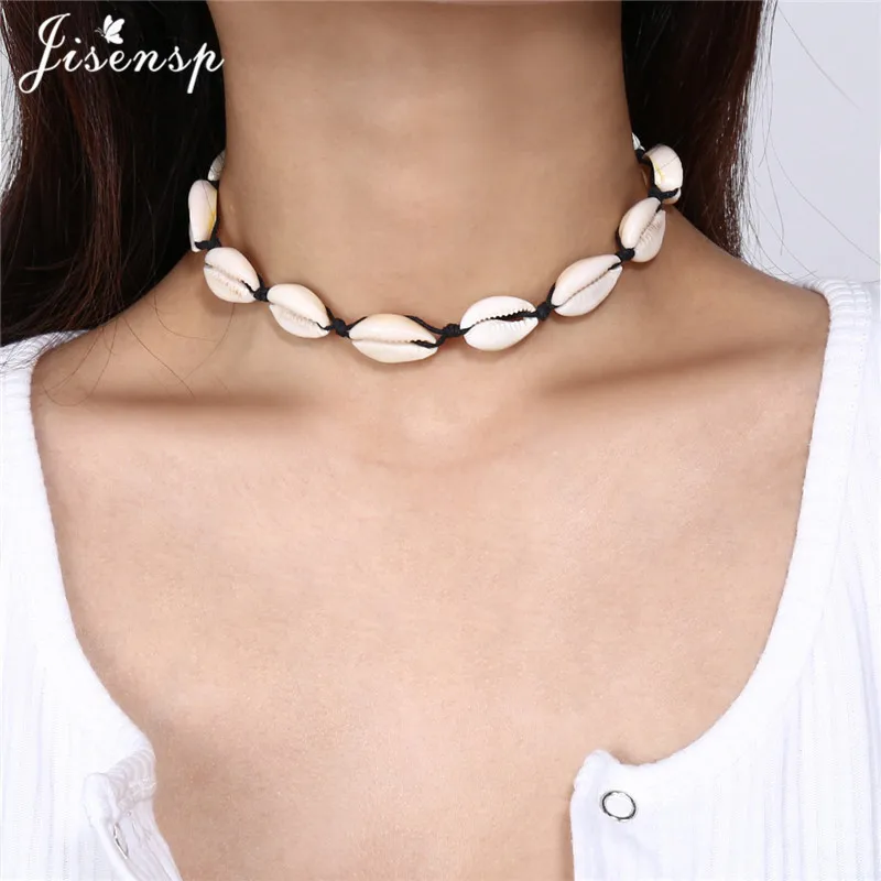 Jisensp New Fashion Black Rope Chain Natural Seashell Choker Necklace Collar Boho Shell Chokers Necklaces for Summer Beach Gift