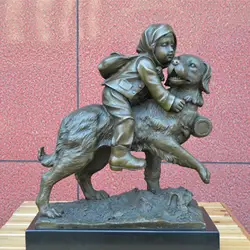 Девушка езда собака бронзовые украшения фигурки животных Играть Искусство ювелирные изделия подарок ребенку на день рождения новоселье