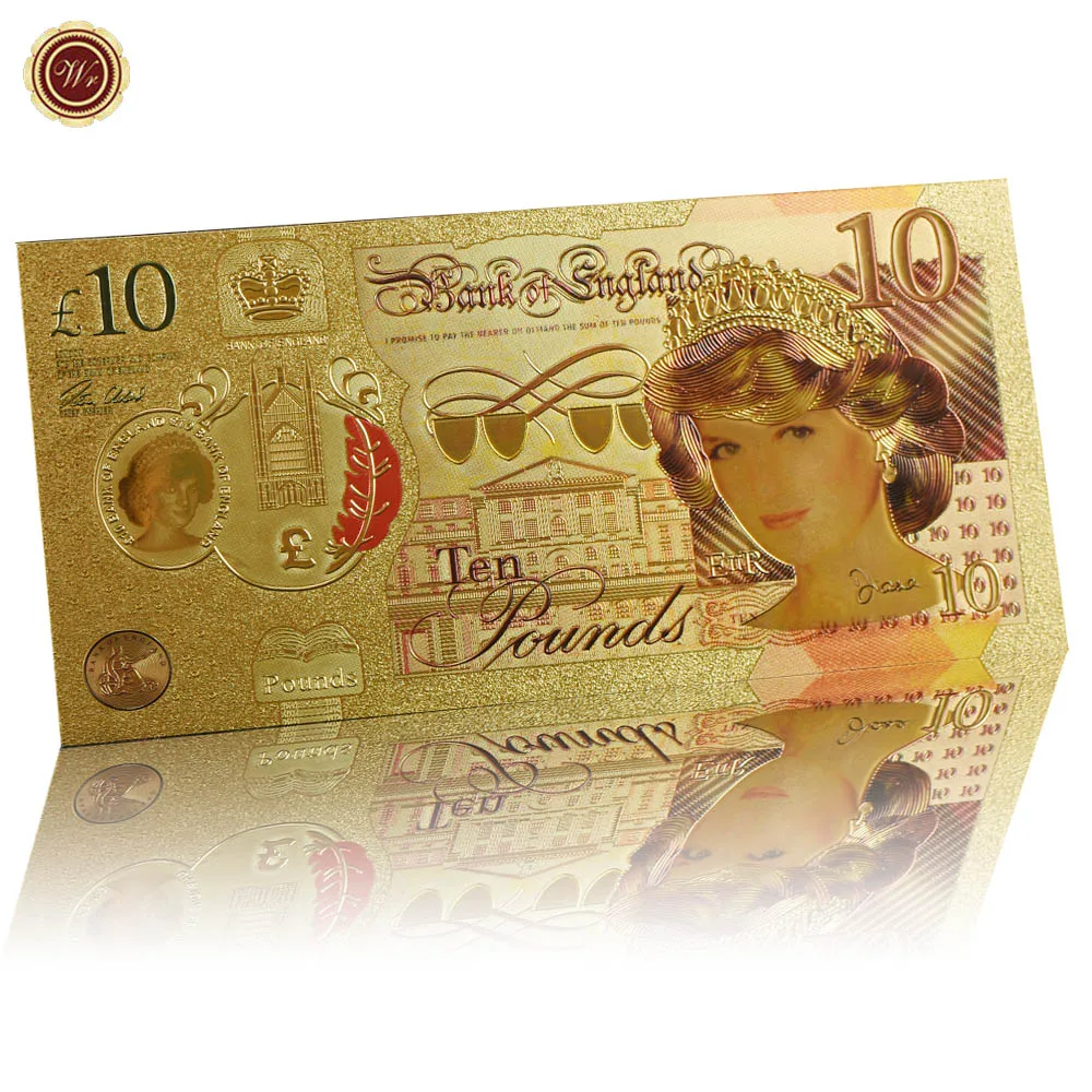 WR принцессы Уэльской золотые банкноты качество 999 с покрытыем цвета чистого 24 каратного золота Фольга банкнот принцессы Дианы десять фунтов кредитки золота