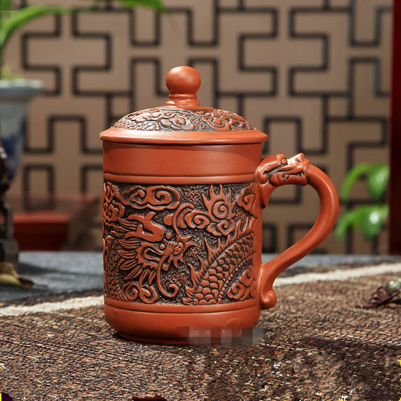 

Handmade Purple Clay Teacup with Lid Yixing Purple Grid Tea Cups Chinese Zisha Kung Fu Tea Mug Office Drop Shipping