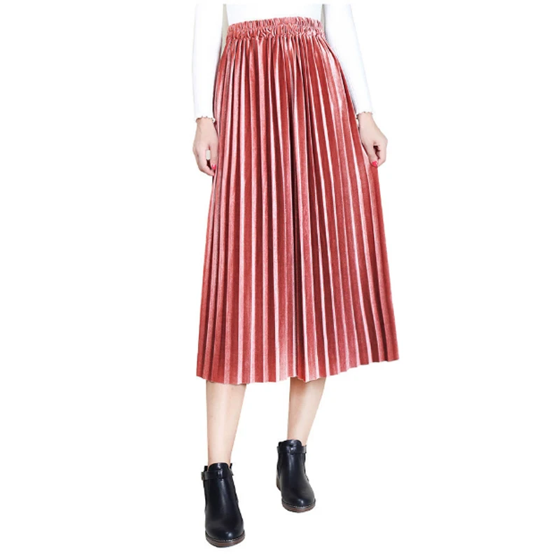 

Spring and Autumn New Fashion Women's High Waist A-Line Skirts Pleated Solid Color Half Length Elastic Casual Skirt
