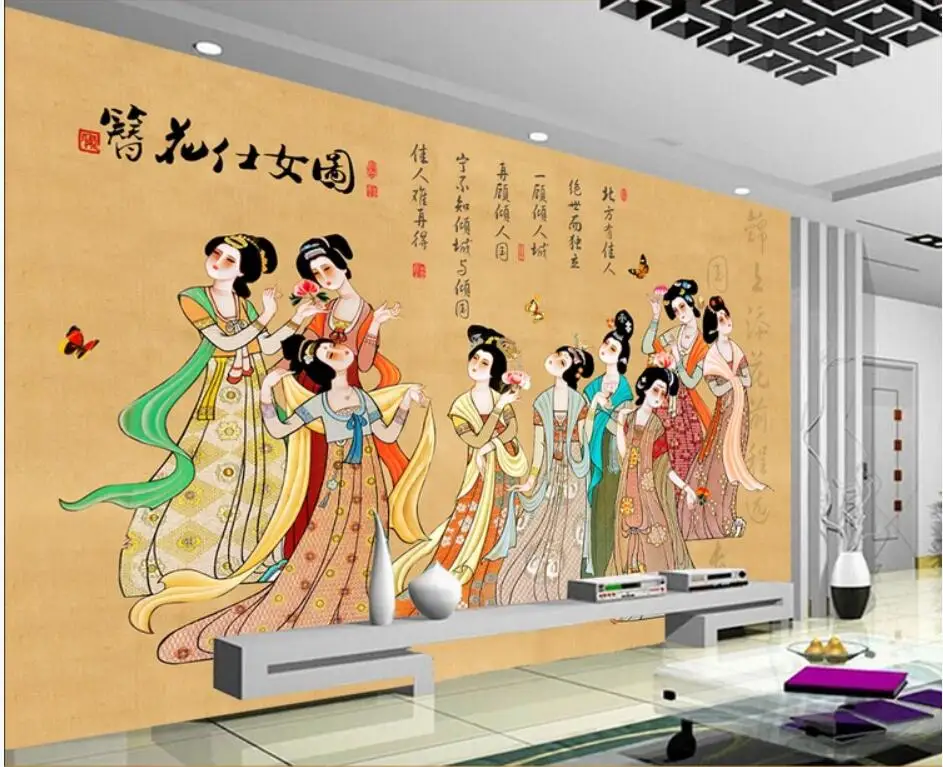 3d обои на заказ росписи фото китайский Ретро Шелковый цветок леди рисунок комнаты домашний Декор 3d стены стеновые обои для стен 3 d