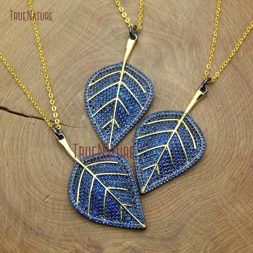 

Mosaic Clear Zircon Beads Royal Blue Leaf Charm Handmade Pendant Necklace Gold Color Long Chains In 18 Inch NM10505