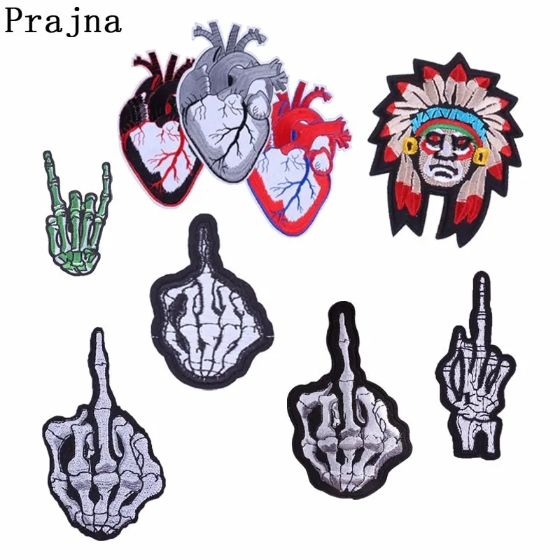

Prajna Punk Skull Middle Finger Indian Heart Iron On Embroidery Patches For Clothes DIY Applique Rock Apparel Accessories E