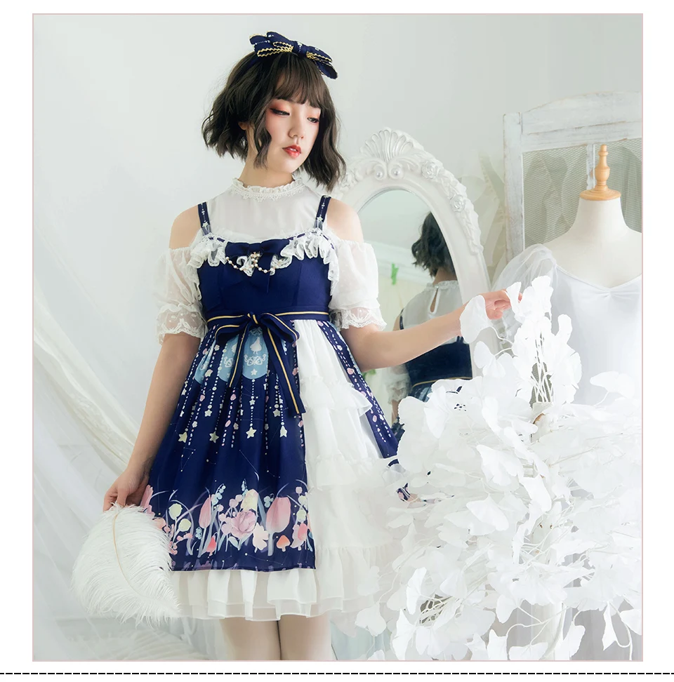 

Women's Lolita JSK Dress white blue Lolita wonderland dream OP Skirt Fairy lolita Dress Cosplay Costume