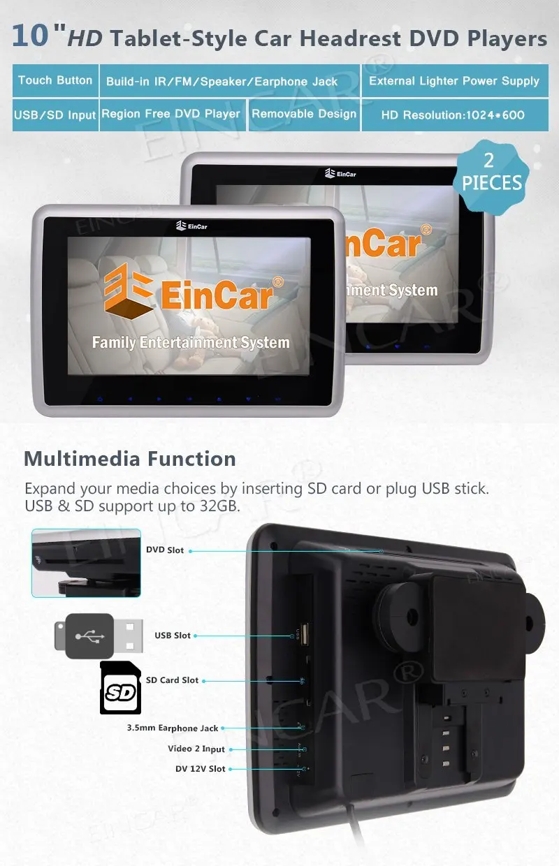 Eincar 2 шт. 10 1 дюймов HD ЖК экран Регулируемый автомобильный DVD CD плеер подголовник